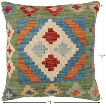 handmade Traditional Pillow Blue Green Hand-Woven SQUARE 100% WOOL Hand woven turkish pillow2' x 2'